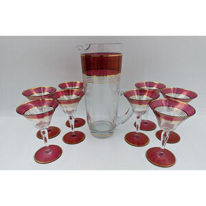 West Virginia Glass Ruby Red Gold Martini Cocktail Pitcher and 8 Cordial Glasses